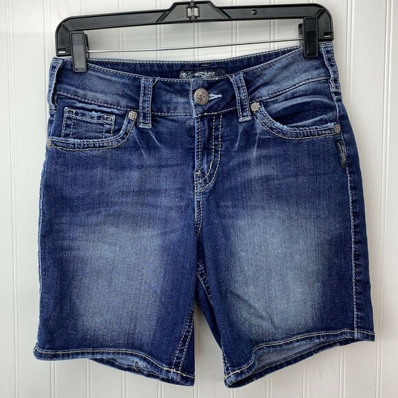 Silver Suki Mid Shorts Sz 27 (28"Waist) Stretch Denim Jean Dark Wash Distress - Picture 1 of 12